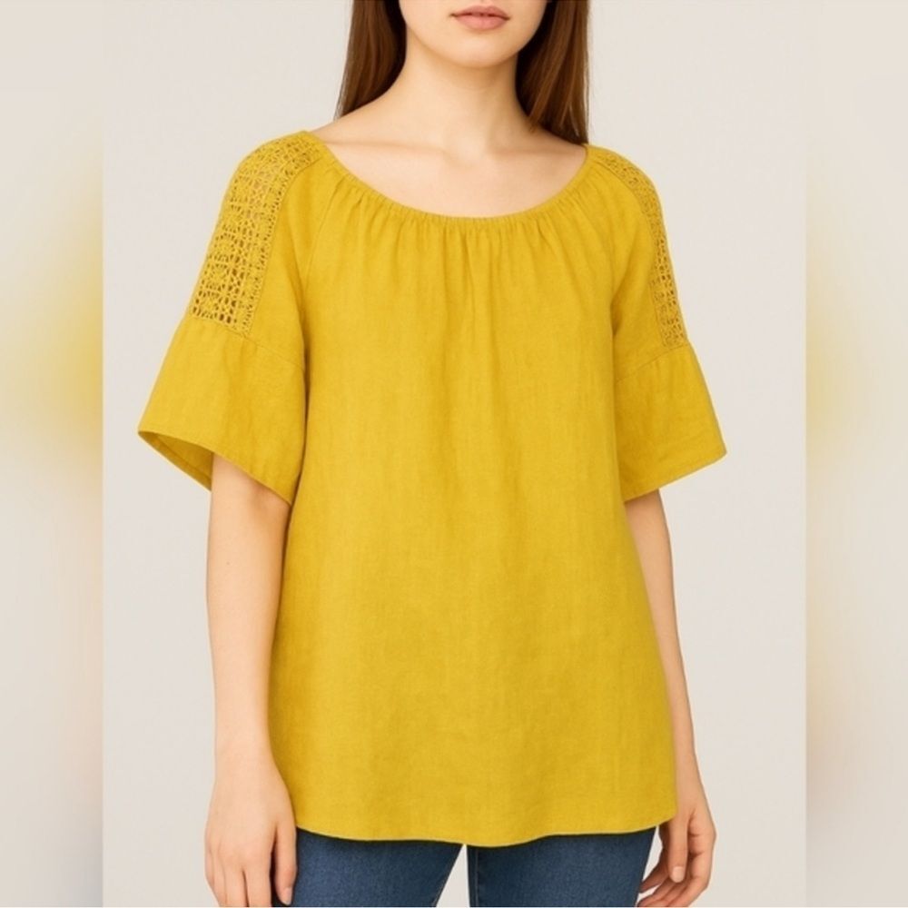 Terzo Millennio Italy Mustard Yellow Natural Linen Crochet Bell Sleeve Top Med